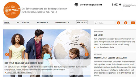 Abbildung einer Bildschirmanzeige des Internetauftritts des Schulwettbewerbs des Bundespräsidenten zur Entwicklungspolitik.